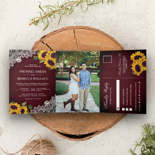 Invitation Trois Volets Mariage Photo Rustique Bourgogne Bois Dentelle Tou