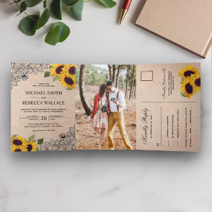 Invitation Trois Volets Mariage Photo Rustique Campagne Fleurs Burlap Dent