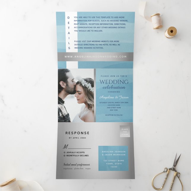 Invitation Trois Volets Mariage photo Silver Blue Typographie (Intérieur)