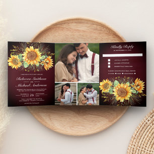 Invitation Trois Volets Mariage Photo Tournesols Bois Rustique Bourgogne