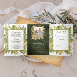 Invitation Trois Volets Mariage photo tropical boho palmier séché vert oli