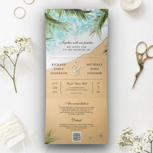 Invitation Trois Volets Mariage Plage Tropicale Palmier Code QR Tout en Un