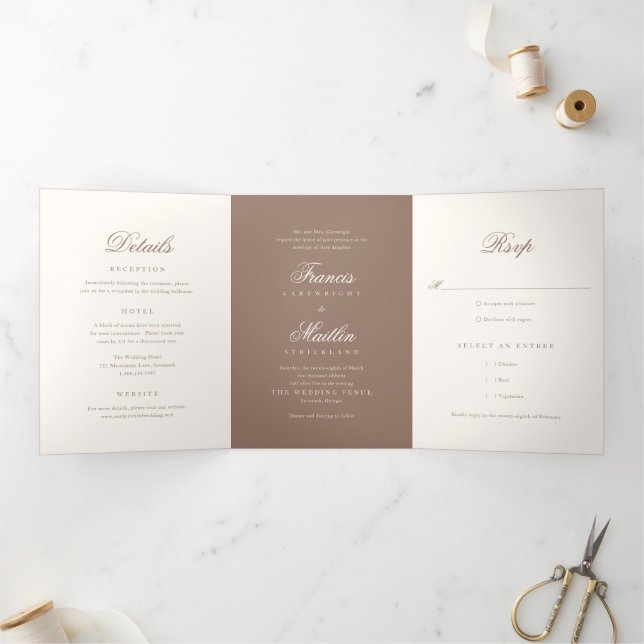 Invitation Trois Volets Mariage Romantique Brun Élégant (Intérieur)