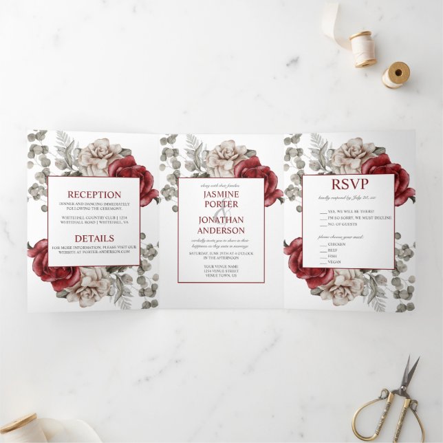 Invitation Trois Volets Mariage Rose d'aquarelle bourgogne et ivoire | (Intérieur)