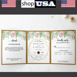 Invitation Trois Volets Mariage rose Floral 🌸 Élégant Printemps botanique
