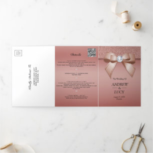 Invitation Trois Volets Mariage rose Gold Jewel Gem Bow QR Code