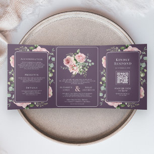 Invitation Trois Volets Mariage Rose Pâle Floral Eucalyptus Violet Poussié