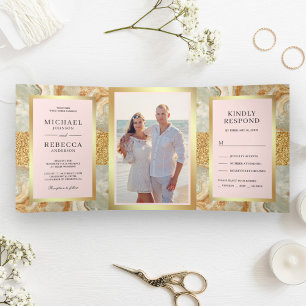 Invitation Trois Volets Mariage Rose Pâle Paillettes Or Marbre Brun