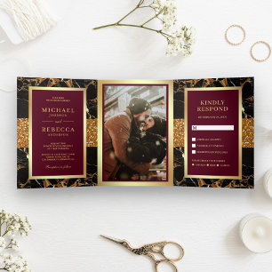 Invitation Trois Volets Mariage Rouge Bourgogne Paillettes Or Marbre Noir