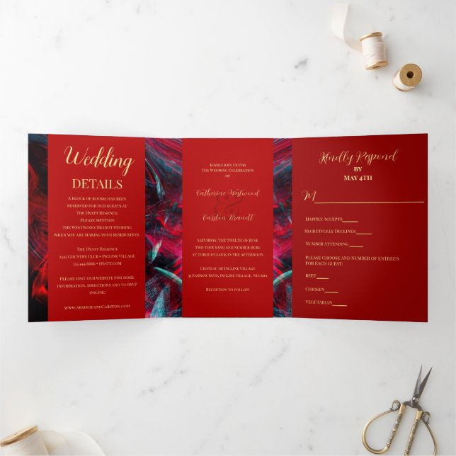 Invitation Trois Volets Mariage rouge et noir dramatique (Intérieur)