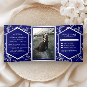 Invitation Trois Volets Mariage Royal Bleu Argent Tourbillon Photo