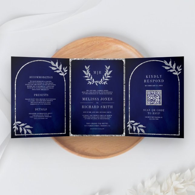 Invitation Trois Volets Mariage royal bleu Feuille Silver Laurel (Créateur téléchargé)