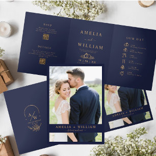 Invitation Trois Volets Mariage RSVP minimaliste bleu marine Photo QR Code
