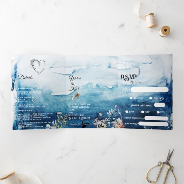 Invitation Trois Volets Mariage RSVP RSVP complet pour l'océan rustique (Intérieur)