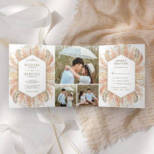 Invitation Trois Volets Mariage rustique boho avec collage photo d'herbe d