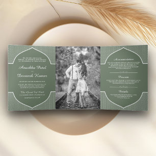 Invitation Trois Volets Mariage Rustique Boho Vert Sauge Ethnique Indien A