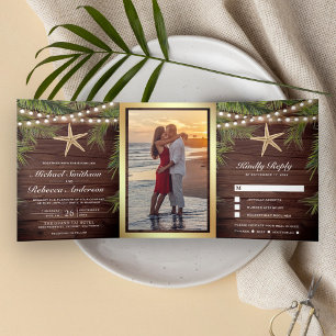 Invitation Trois Volets Mariage Rustique Bois Feuilles de Palmier Tropical