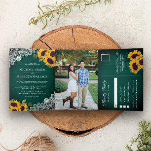 Invitation Trois Volets Mariage Rustique Bois Vert Dentelle Tournesol Phot