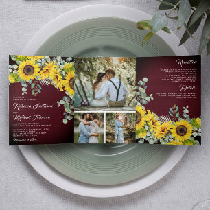 Invitation Trois Volets Mariage Rustique Bourgogne Bois Tournesols Eucalyp