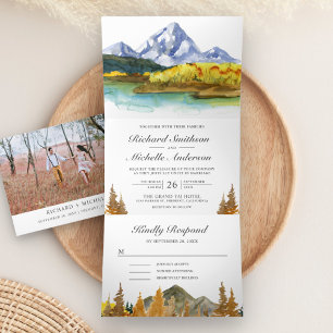 Invitation Trois Volets Mariage Rustique d'Automne en Montagne et Forêt au