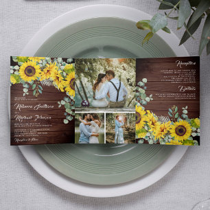 Invitation Trois Volets Mariage Rustique en Bois de Grange Tournesol Eucal