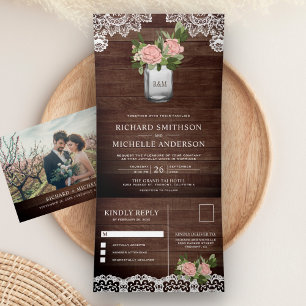 Invitation Trois Volets Mariage Rustique en Bois Pot Mason Rose Poussiéreu