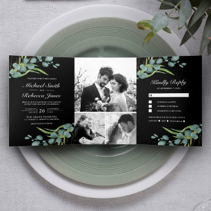 Invitation Trois Volets Mariage Rustique Eucalyptus Collage Photo Noir