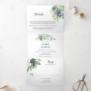 Invitation Trois Volets Mariage Sage Green Indigo Blue Succulents