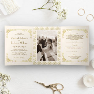 Invitation Trois Volets Mariage style Art Déco vintage ivoire et or