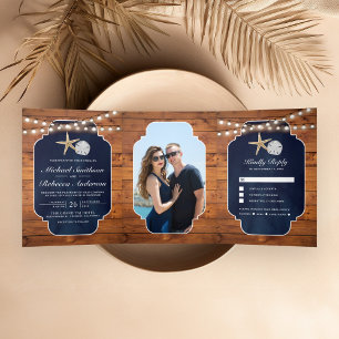 Invitation Trois Volets Mariage sur la plage avec étoile de mer et dollar