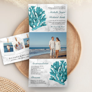 Invitation Trois Volets Mariage sur la plage côtière au corail sarcelle et