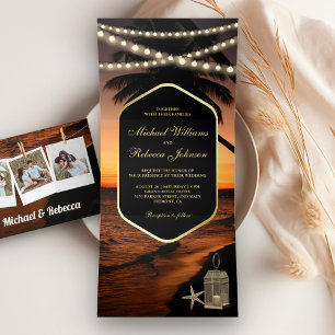 Invitation Trois Volets Mariage sur la plage tropicale avec guirlande lumi