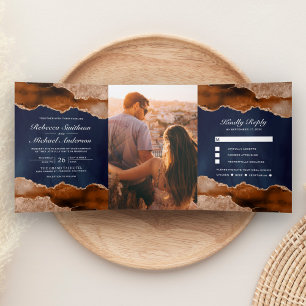 Invitation Trois Volets Mariage Terracotta Orange Brûlé Marbre Agate Navy
