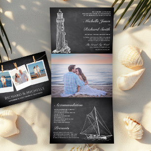 Invitation Trois Volets Mariage Thème Nautilus Tableau Noir Phare Voilier