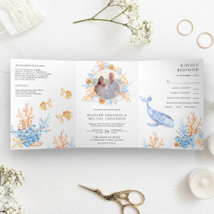 Invitation Trois Volets Mariage thème nautique aquarelle sous la mer