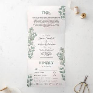 Invitation Trois Volets Mariage tout-en-un aquarelle Eucalyptus 