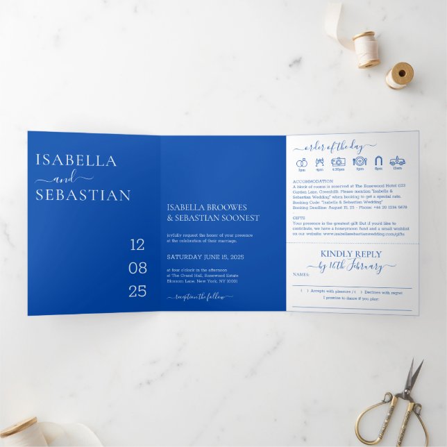Invitation Trois Volets Mariage tout-en-un bleu cobalt (Intérieur)