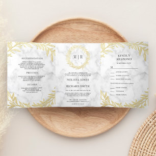 Invitation Trois Volets Mariage Tout en Un Branche Feuille d'Or Marbre Bla