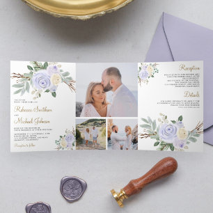 Invitation Trois Volets Mariage Tout en Un Fleur Pastel Violet Poussiéreux