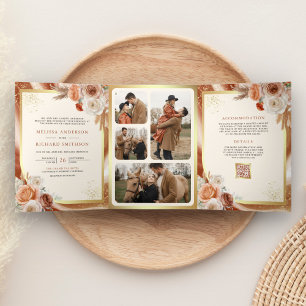 Invitation Trois Volets Mariage tout en un Pampas floral terracotta or