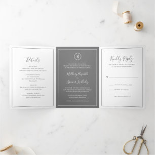 Invitation Trois Volets Mariage traditionnel gris élégant