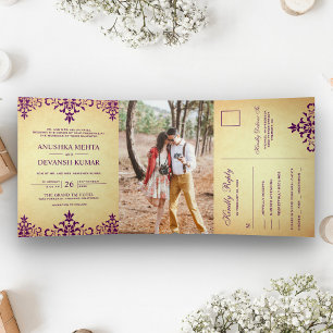 Invitation Trois Volets Mariage traditionnel indien damassé violet vintage