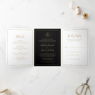 Invitation Trois Volets Mariage traditionnel noir et or élégant