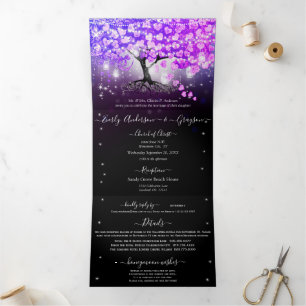 Invitation Trois Volets Mariage Triptyque Élégant Cœur Violet Rose Feuille