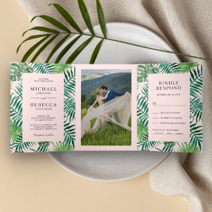Invitation Trois Volets Mariage Tropical aux Feuilles de Palmier Vertes et