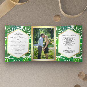 Invitation Trois Volets Mariage tropical de Monstera Hexagon vert et blanc