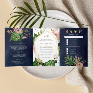 Invitation Trois Volets Mariage Tropical Doré Sauvage Rose Floral Bleu Mar