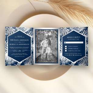 Invitation Trois Volets Mariage Tropical Palm avec Feuille d'Argent et Ble