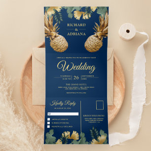 Invitation Trois Volets Mariage Tropical Palmier Bleu Nuit Or Ananas