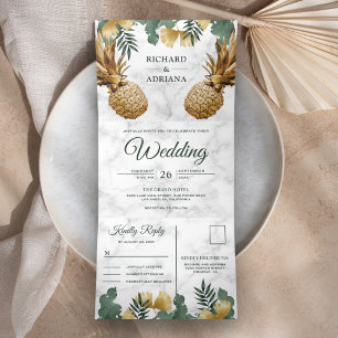 Invitation Trois Volets Mariage Tropical Palmier Marbre Blanc Ananas Or